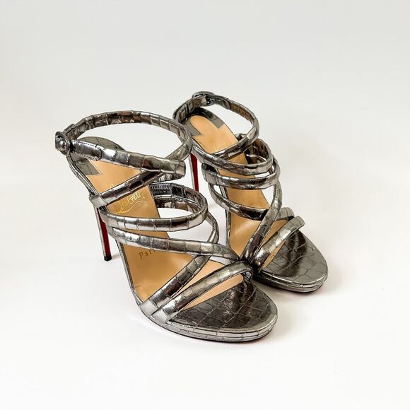 Christian Louboutin Shoes - Christian Louboutin Cleissimo Leather Silver Sandals Heels Size 37, 7